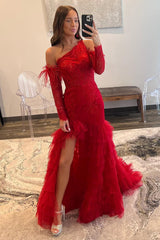 Red Prom Dress Mermaid One Shoulder Lace Detachle Sleeves Corset Long Evening Dress