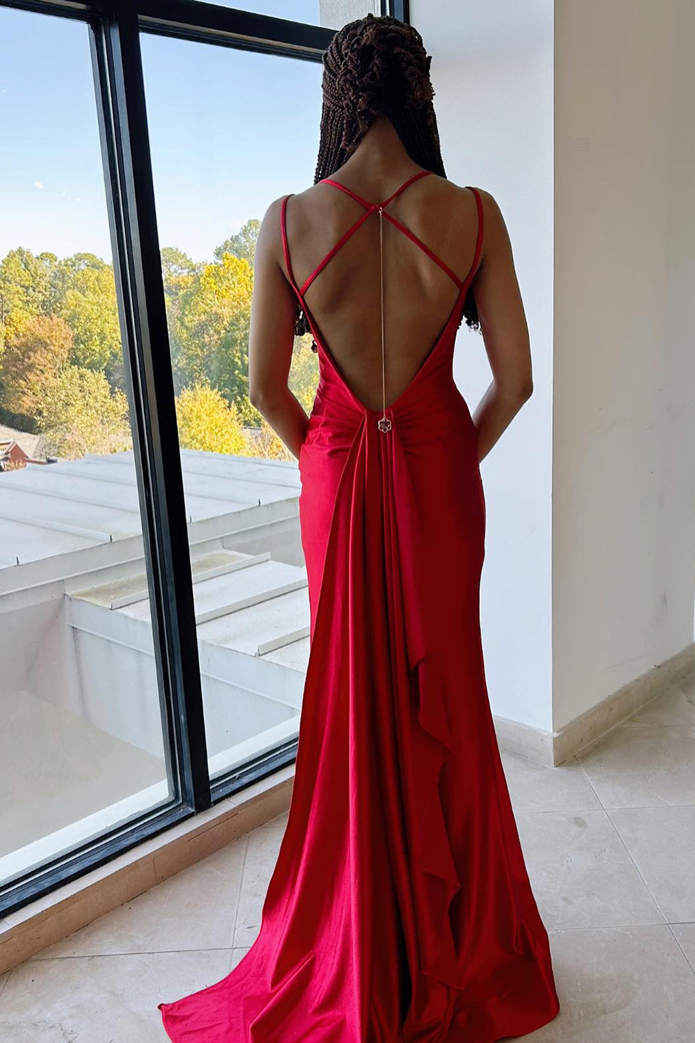 Red Prom Dress Mermaid Spaghetti Straps Long Corset Evening Dress With Slit