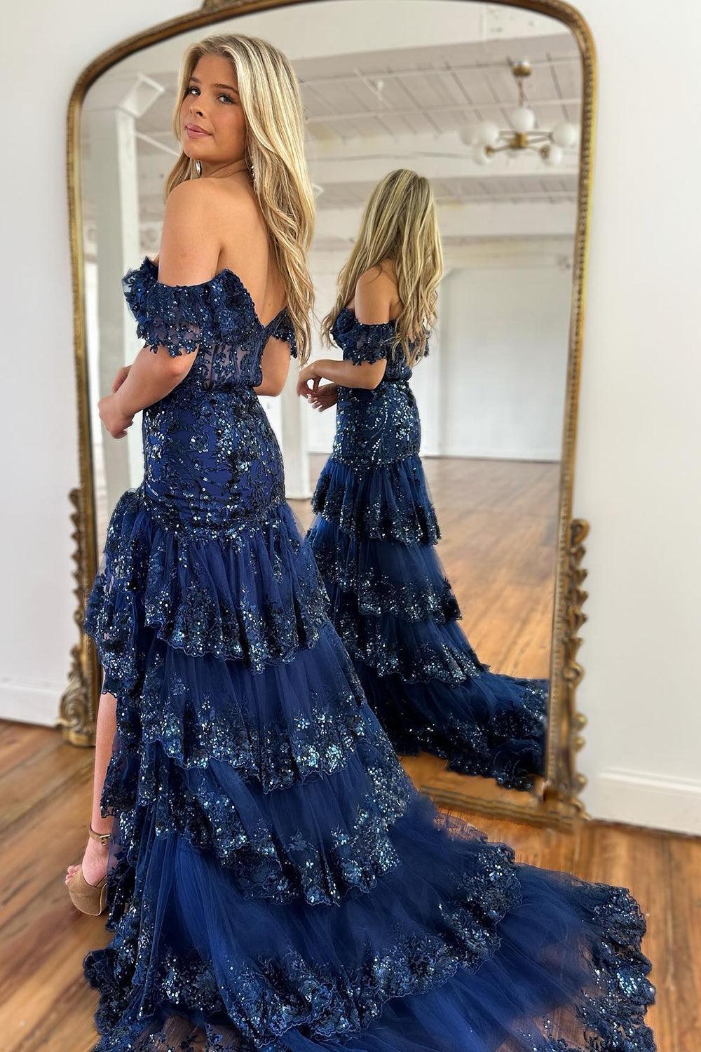 Red Prom Dress Off The Shoulder Tiered Evening Dress