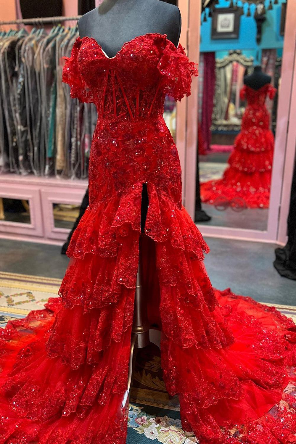 Red Prom Dress Off The Shoulder Tiered Evening Dress