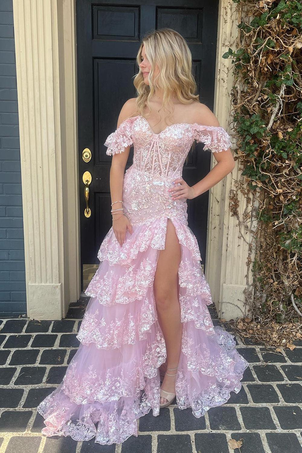 Red Prom Dress Off The Shoulder Tiered Evening Dress