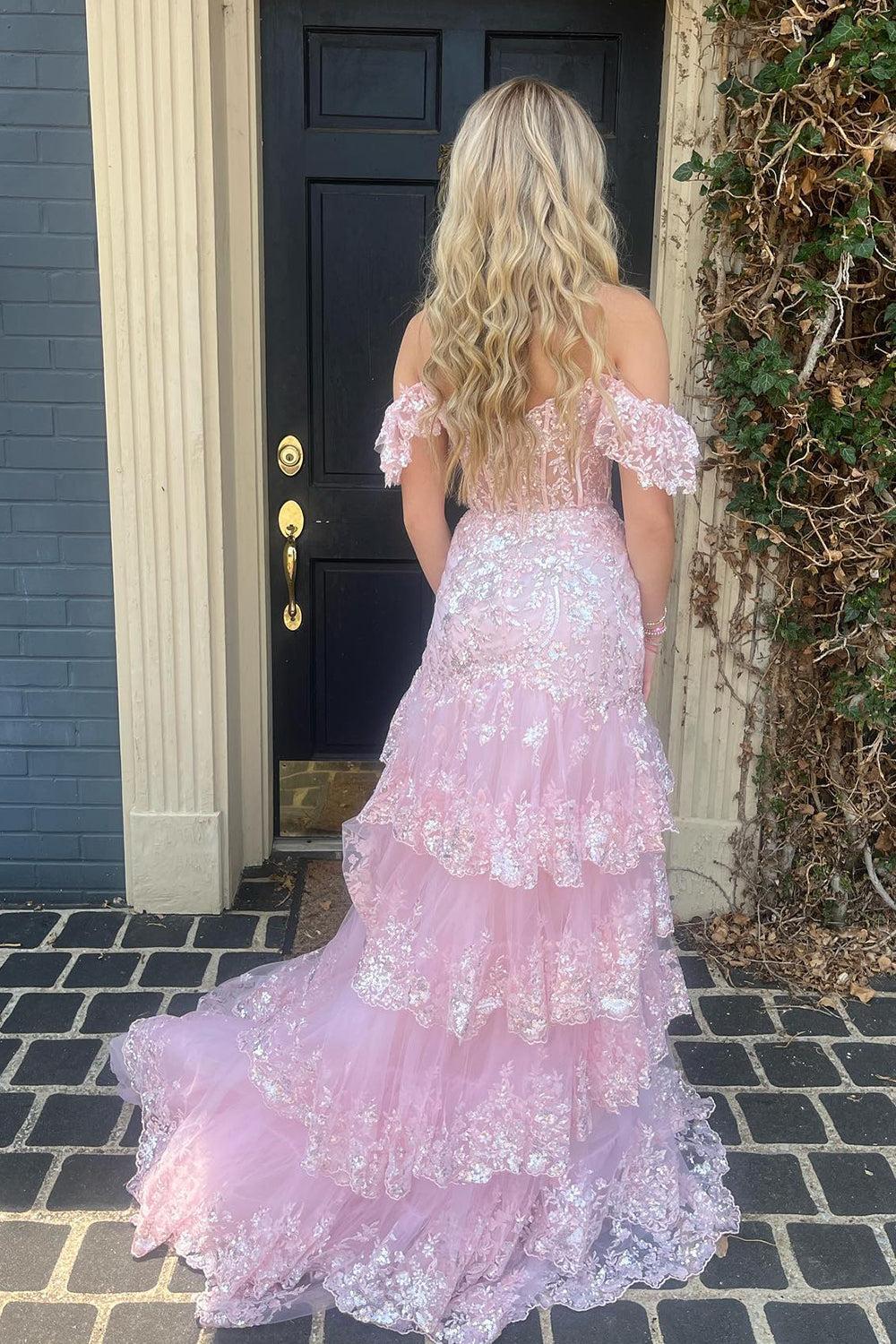 Red Prom Dress Off The Shoulder Tiered Evening Dress