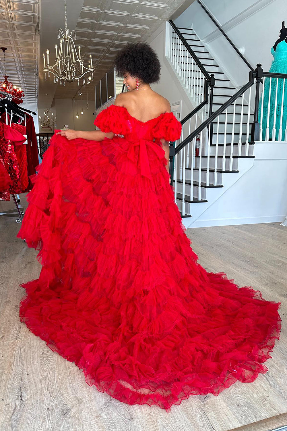 Red Prom Dress Off the Shoulder Tiered Ruffled Long Evening Dress with Slit