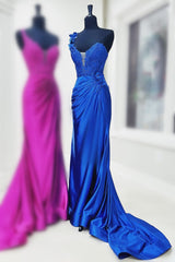 Red Prom Dress One Shoulder 3D Floral Lace Pleated Long Gown Evening Dress with Split