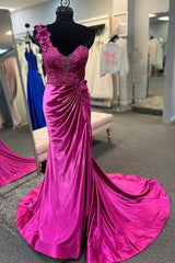 Red Prom Dress One Shoulder 3D Floral Lace Pleated Long Gown Evening Dress with Split