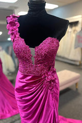 Red Prom Dress One Shoulder 3D Floral Lace Pleated Long Gown Evening Dress with Split