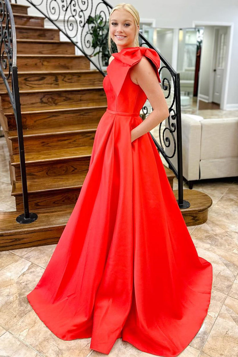 Red Prom Dress One Shoulder Bow Tie Satin Evening Dress with Pockets