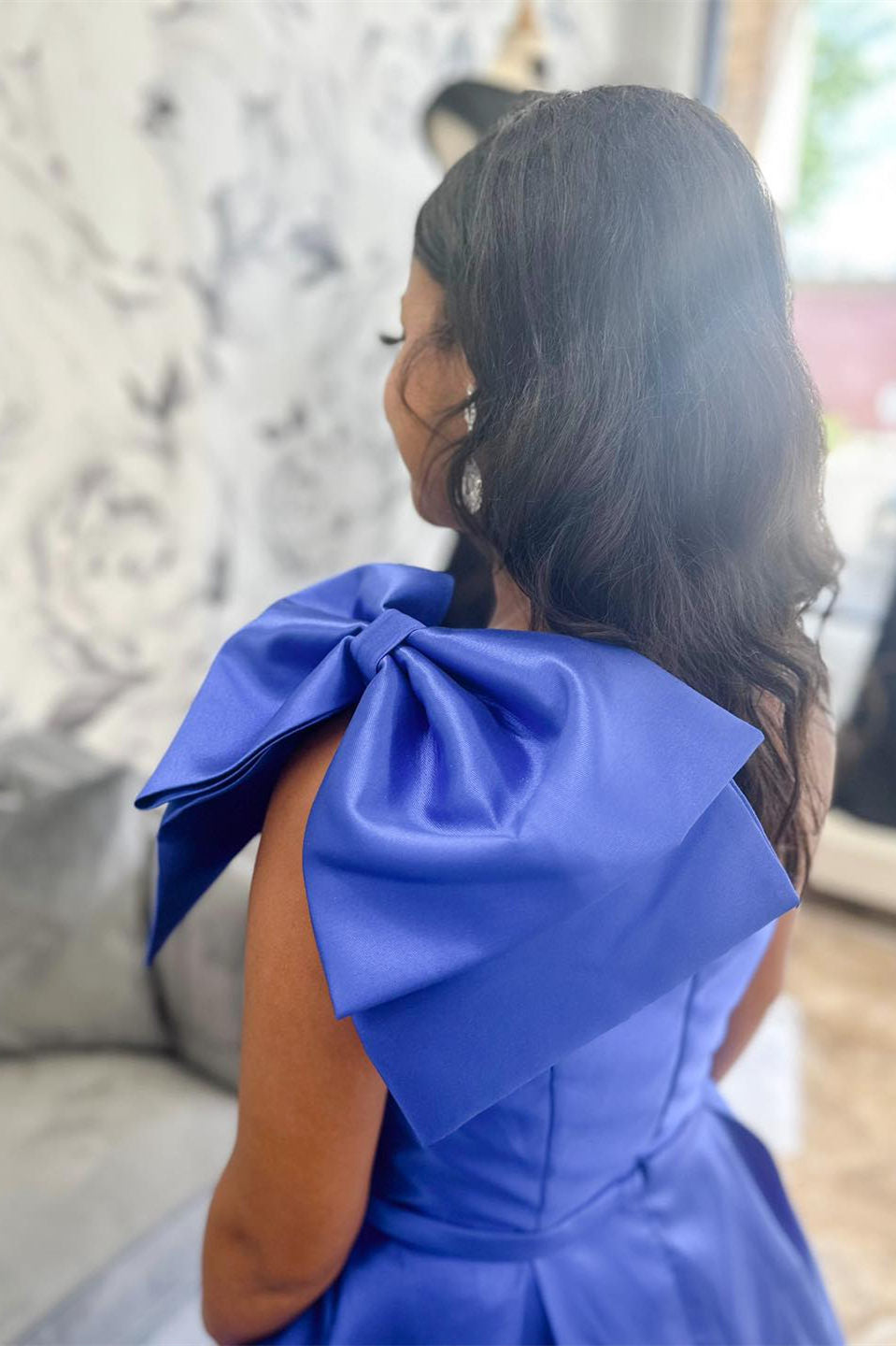 Red Prom Dress One Shoulder Bow Tie Satin Evening Dress with Pockets