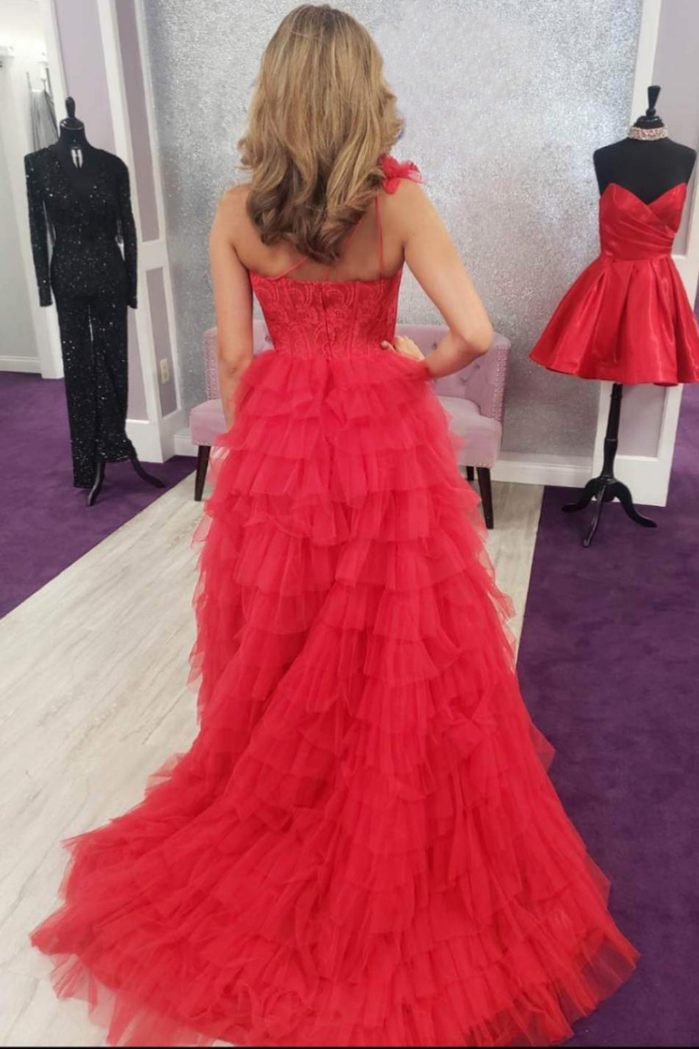 Red Prom Dress One Shoulder Corset Tiered Long Evening Dress with Ruffles