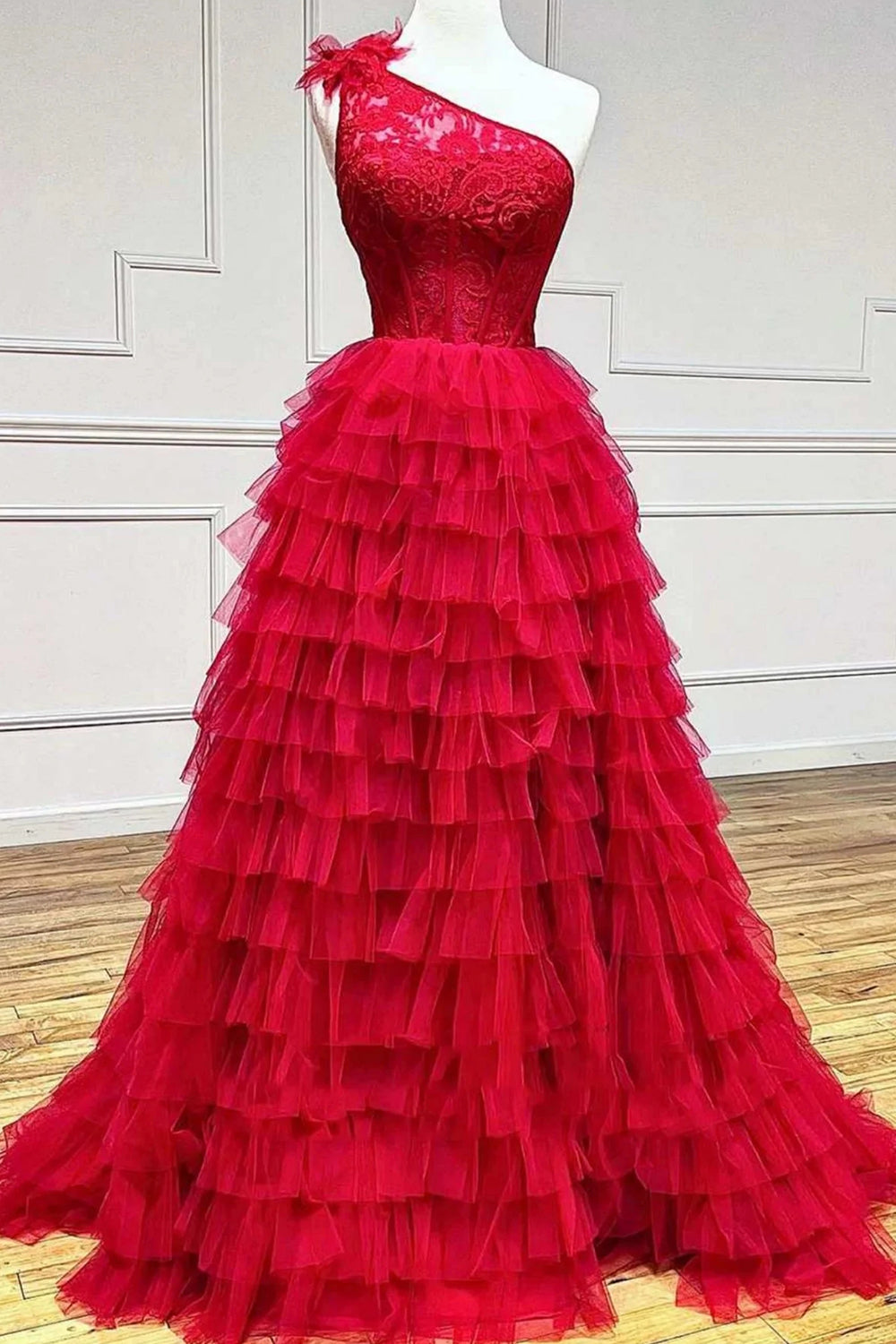 Red Prom Dress One Shoulder Corset Tiered Long Evening Dress with Ruffles