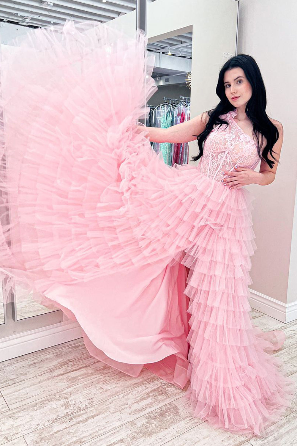 Red Prom Dress One Shoulder Corset Tiered Long Evening Dress with Ruffles