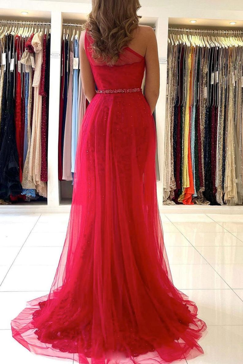 Red Prom Dress One Shoulder Tulle Lace Long Evening Dress