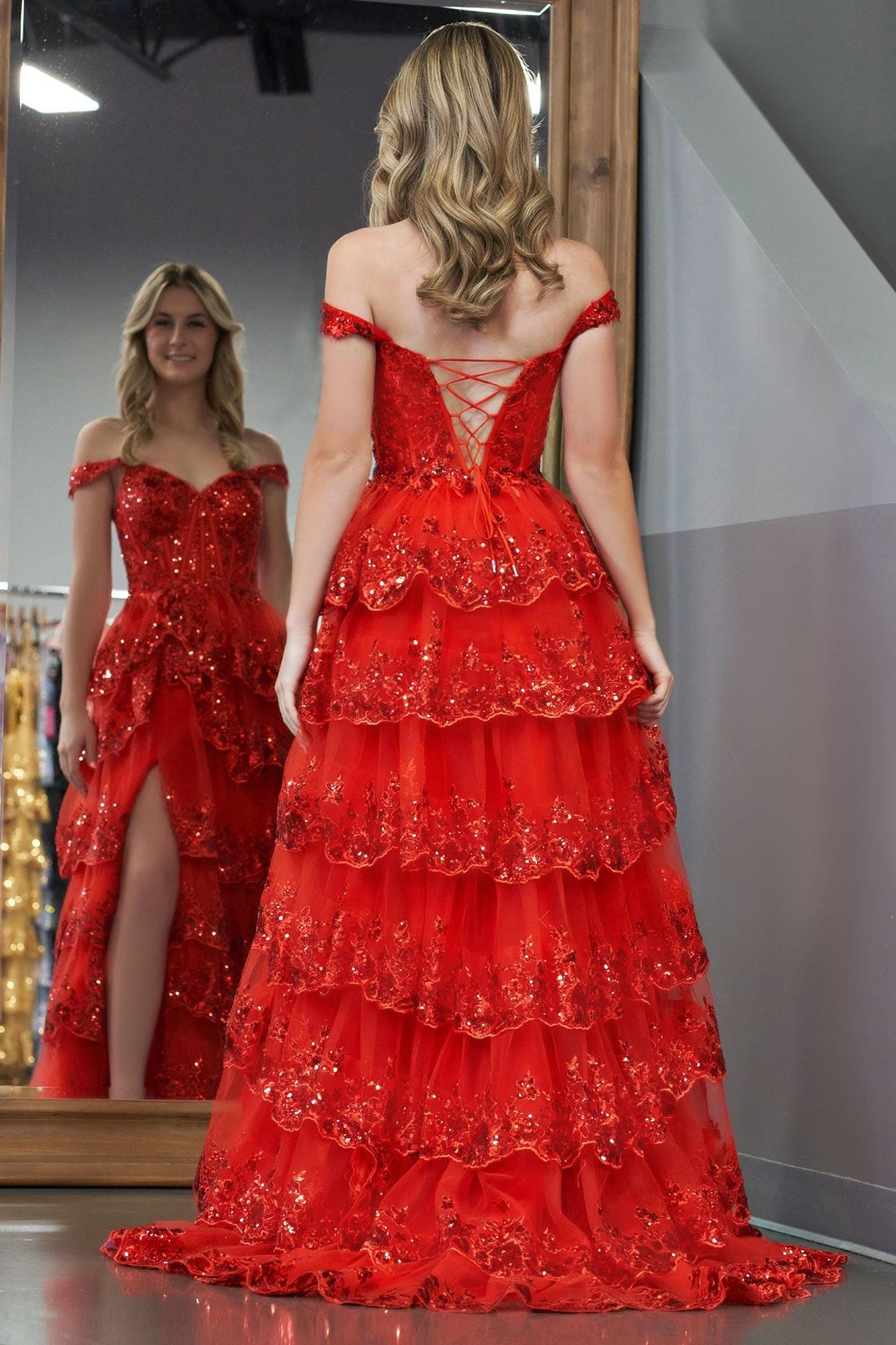 Red Prom Dress Princess A Line Off the Shoulder Corset Lace Evening Dress