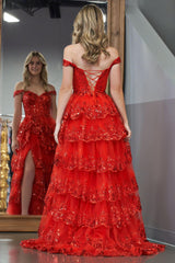 Red Prom Dress Princess A Line Off the Shoulder Corset Lace Evening Dress