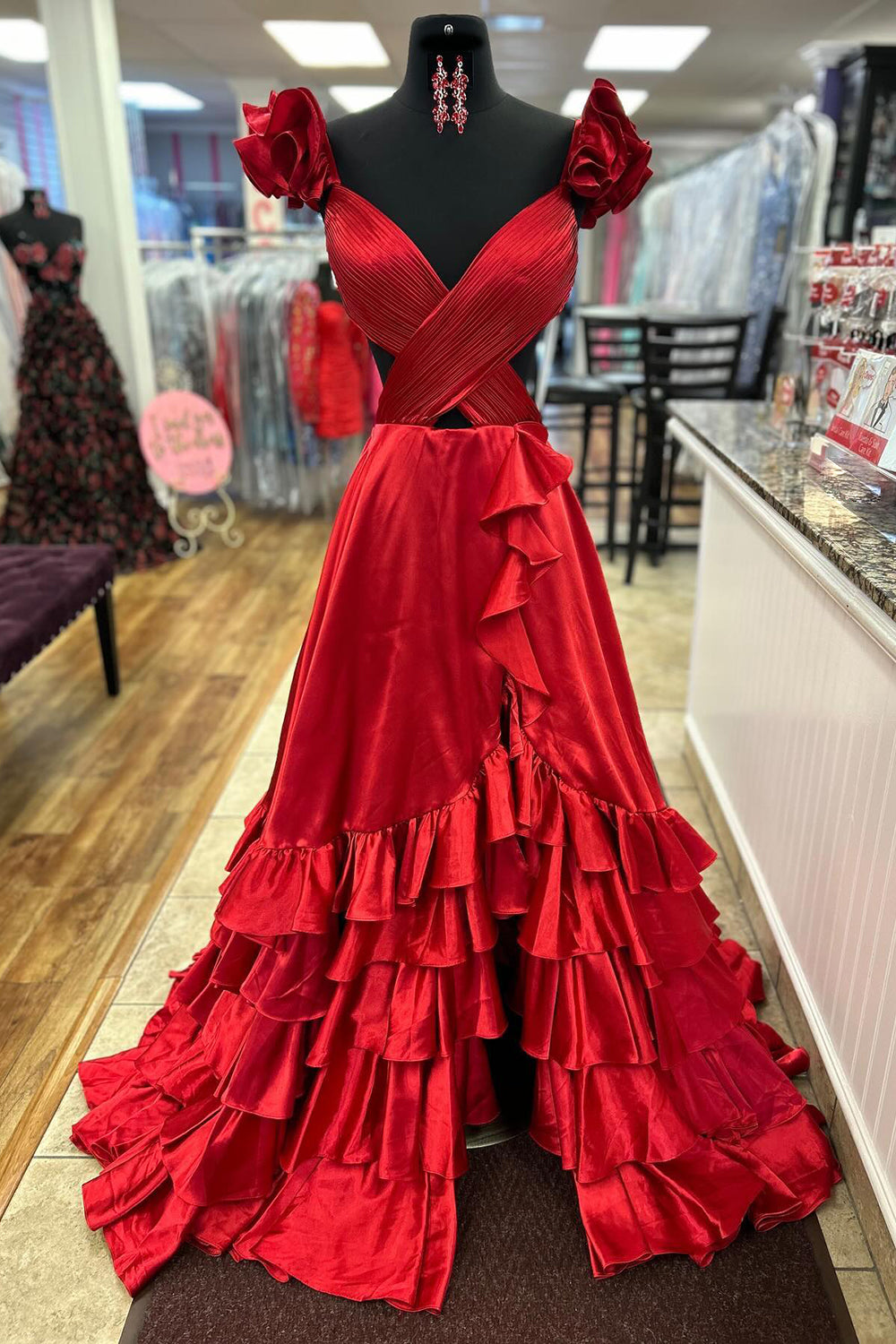 Red Prom Dress Ruffled Satin Hollow Out Long Evening Dress