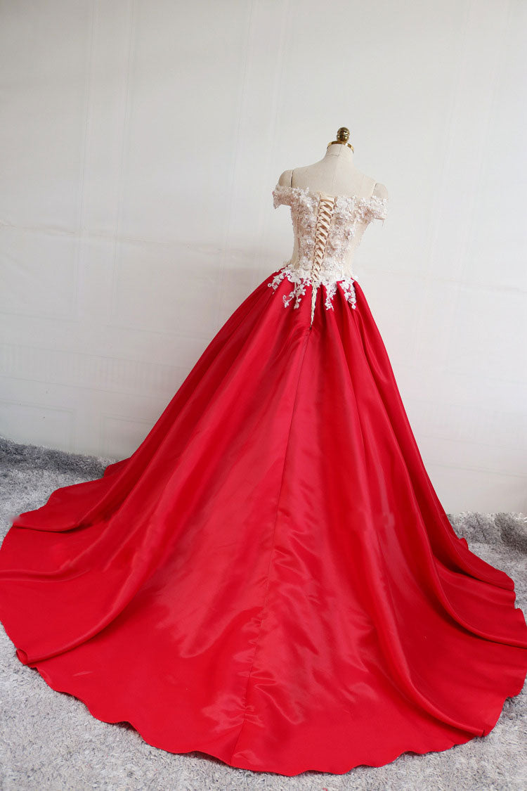 Red Prom Dress Satin Lace Long Evening Dress