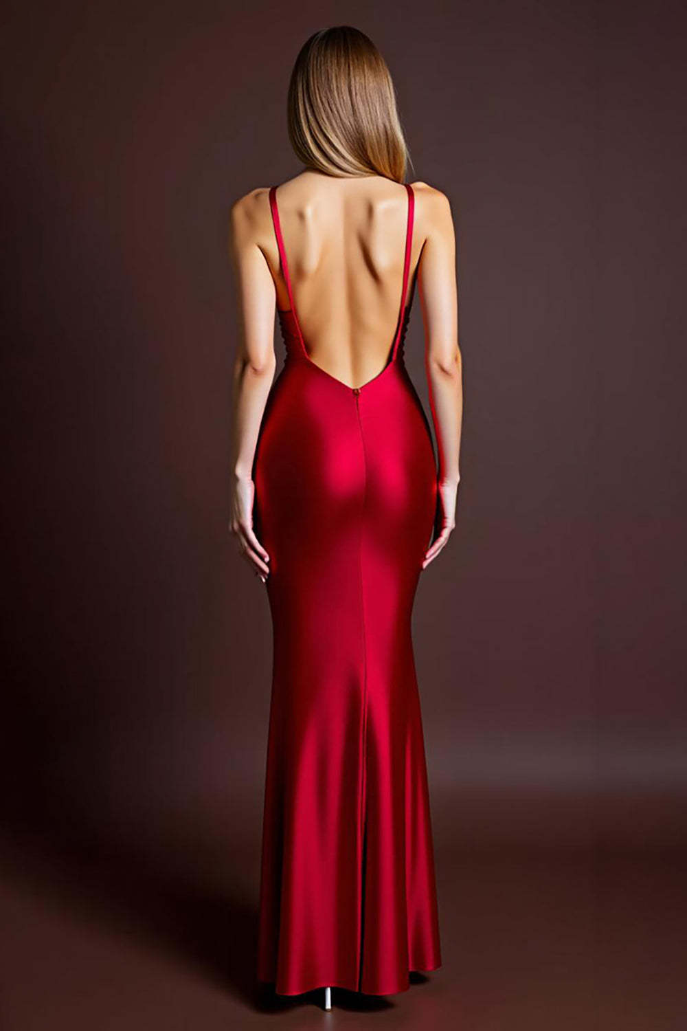 Red Prom Dress Satin Spaghetti Straps Sheath Long Formal Dress With Slit