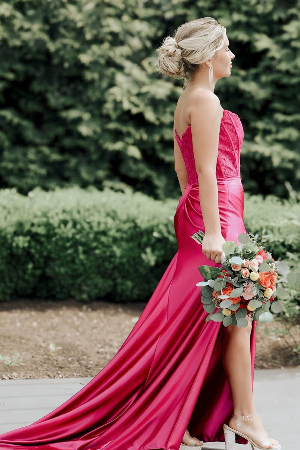 Red Prom Dress Sheath Corset Long Evening Dress with Lace