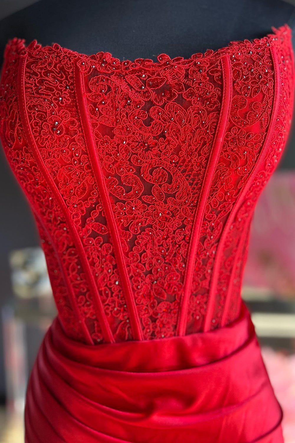 Red Prom Dress Sheath Corset Long Evening Dress with Lace