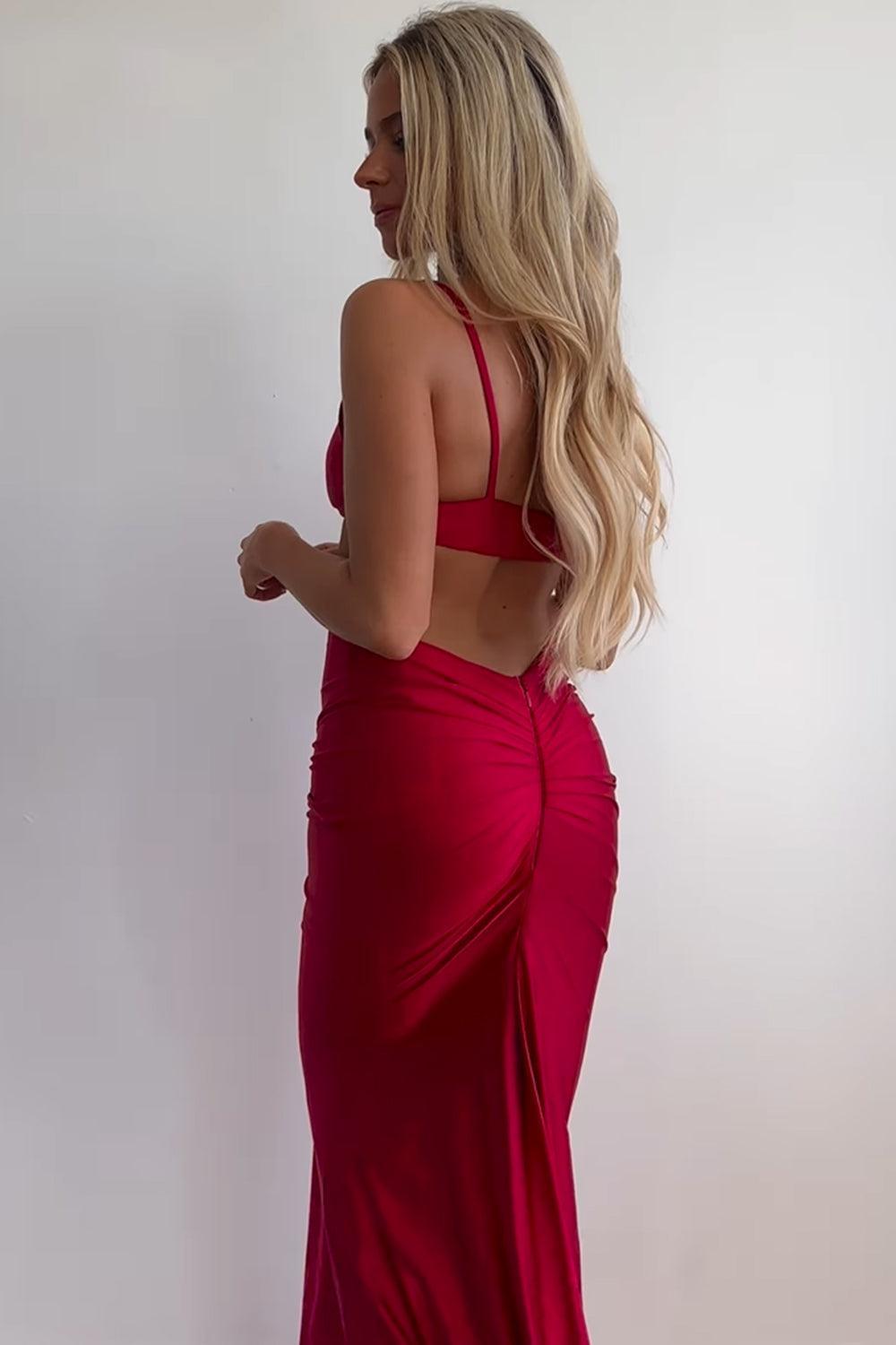 Red Prom Dress Spaghetti Straps Cut Out Long Evening Dress with Slit