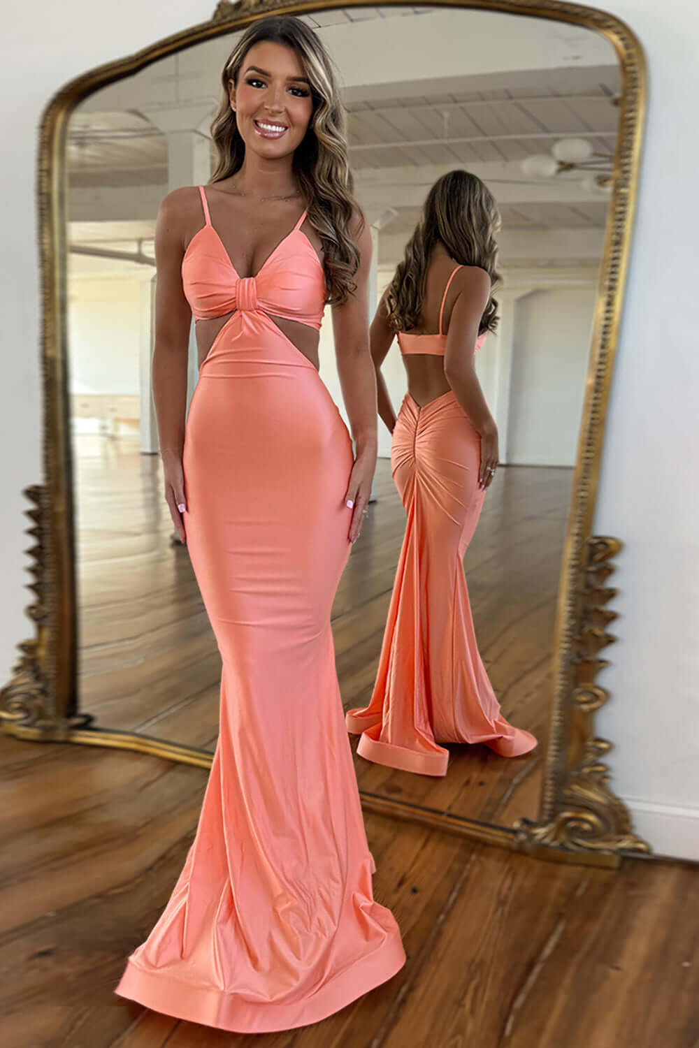 Red Prom Dress Spaghetti Straps Cut Out Long Evening Dress with Slit