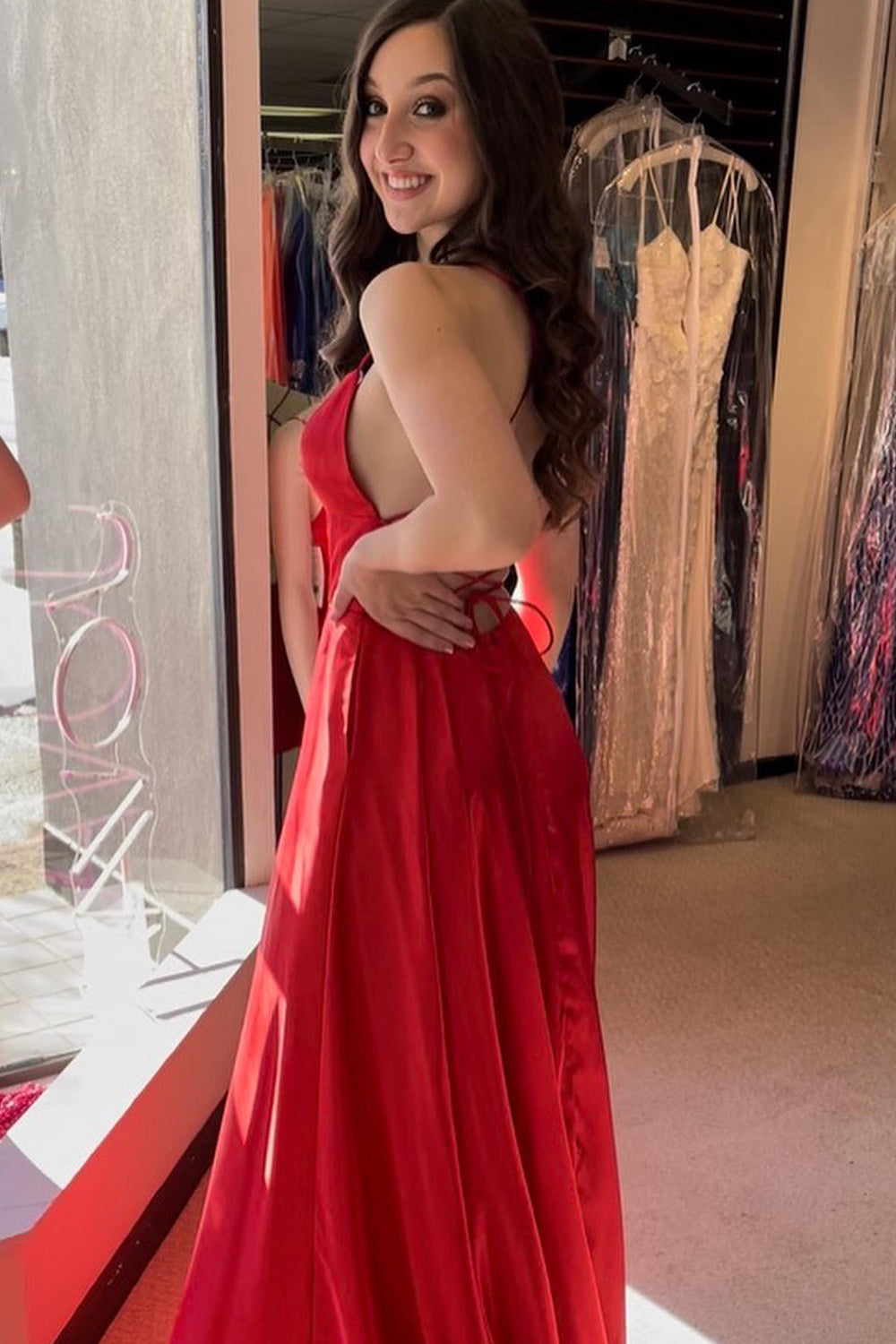 Red Prom Dress Spaghetti Straps Long Evening Dress with Slit