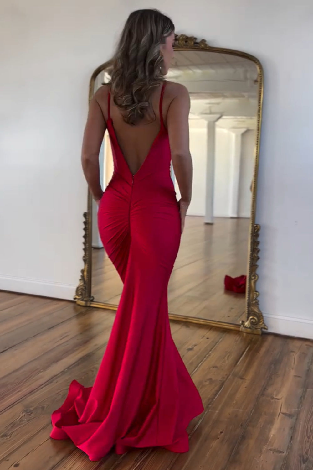 Red Prom Dress Spaghetti Straps Mermaid Satin Backless Long Evening Dress