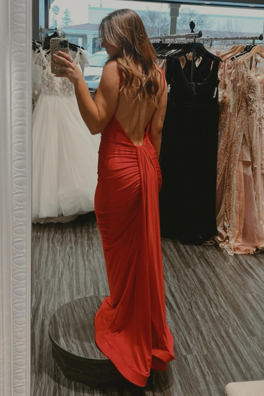 Red Prom Dress Spaghetti Straps Mermaid Satin Long Backless Evening Dress