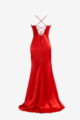 Red Prom Dress Spaghetti Straps Satin Mermaid Evening Dress With Split