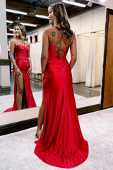 Red Prom Dress Spaghetti Straps Satin Mermaid Evening Dress With Split