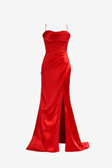 Red Prom Dress Spaghetti Straps Satin Mermaid Evening Dress With Split