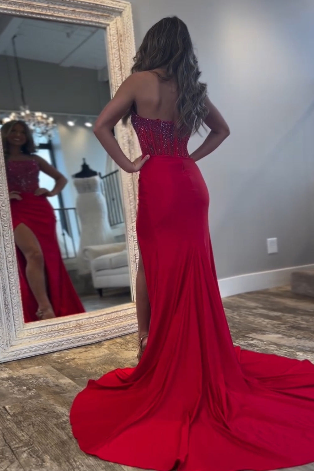 Red Prom Dress Strapless Corset Long Evening Dress with Slit