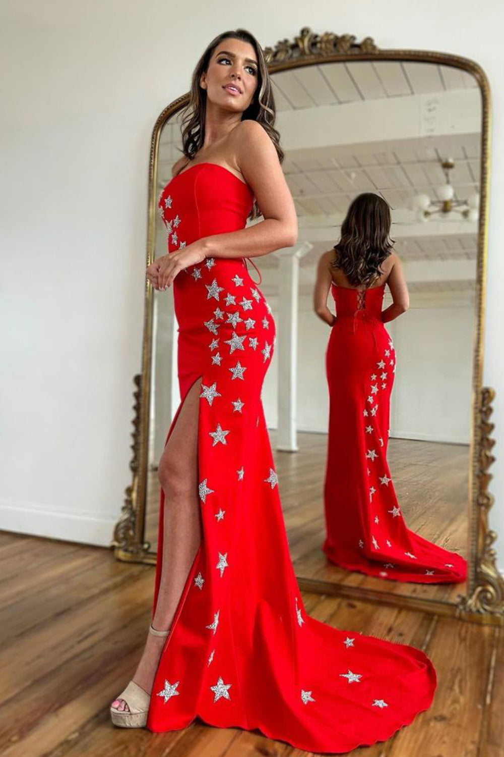 Red Prom Dress Strapless Mermaid Long Evening Dress with Stars