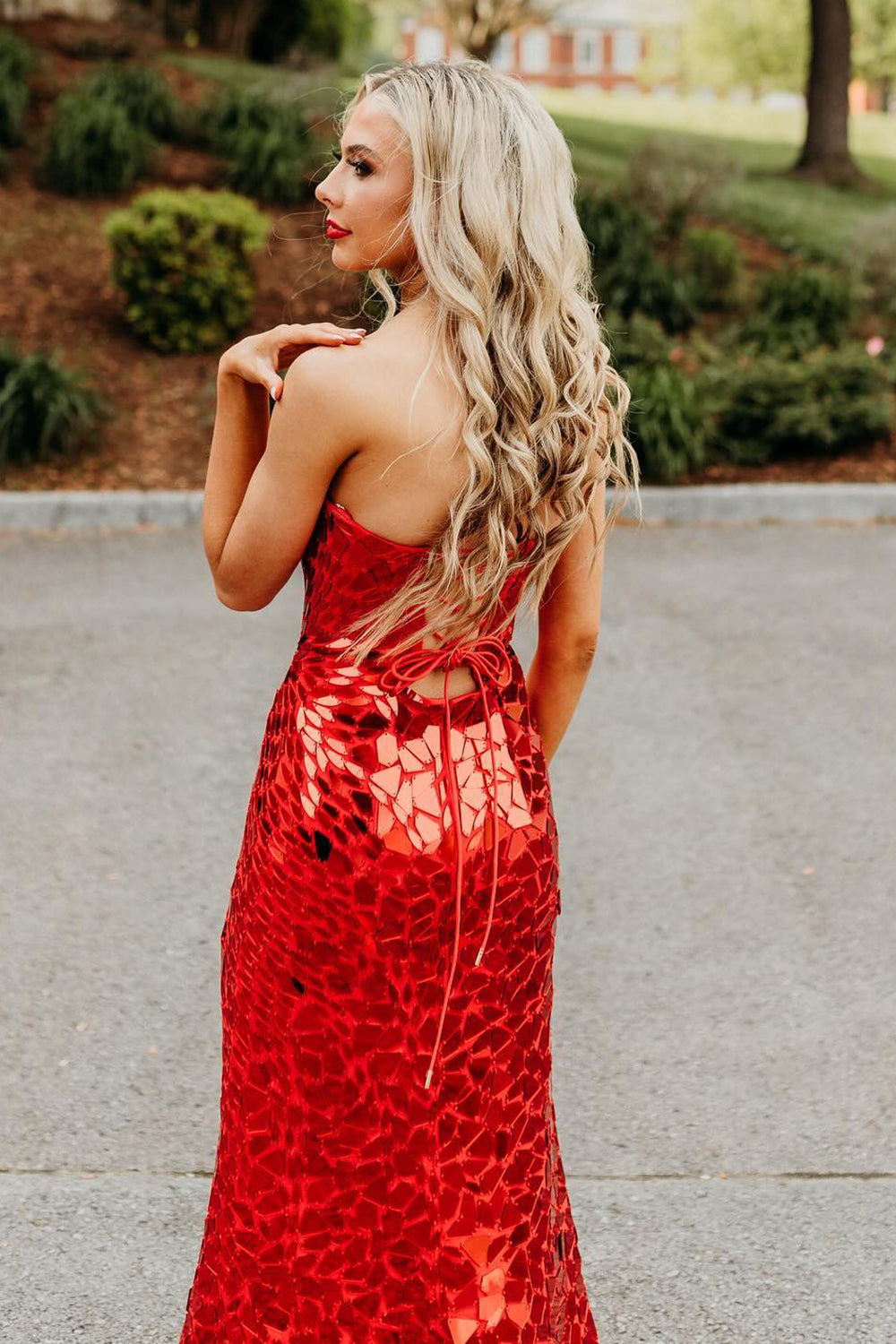 Red Prom Dress Strapless Mermaid Mirror Long Evening Dress with Slit