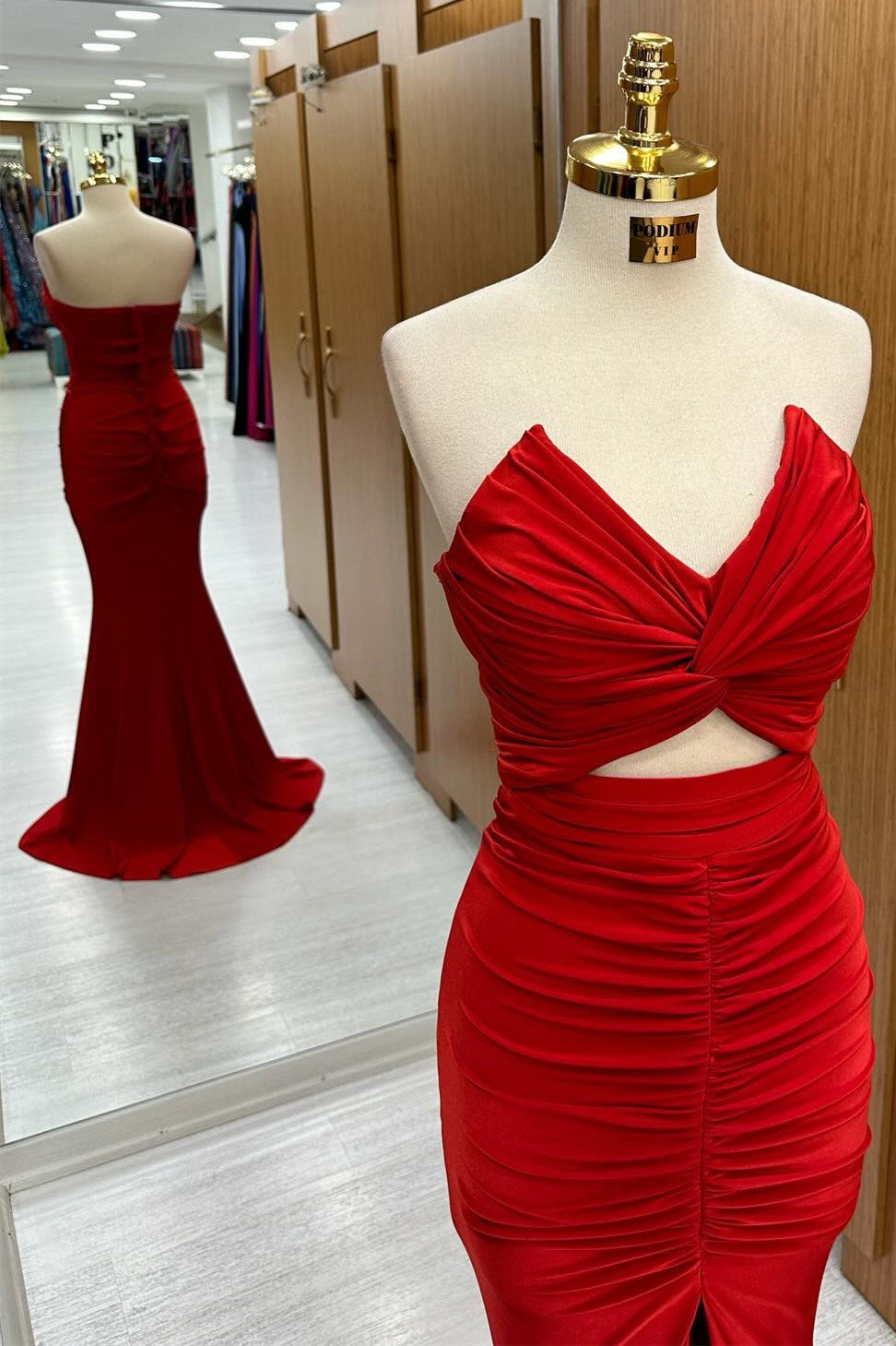 Red Prom Dress Strapless Twisted Knot Mermaid Long Formal Evening Dress with Split
