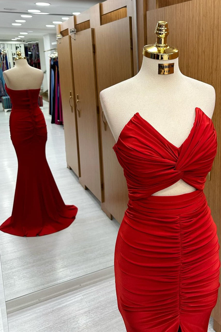 Red Prom Dress Strapless Twisted Knot Mermaid Long Formal Evening Dress with Split