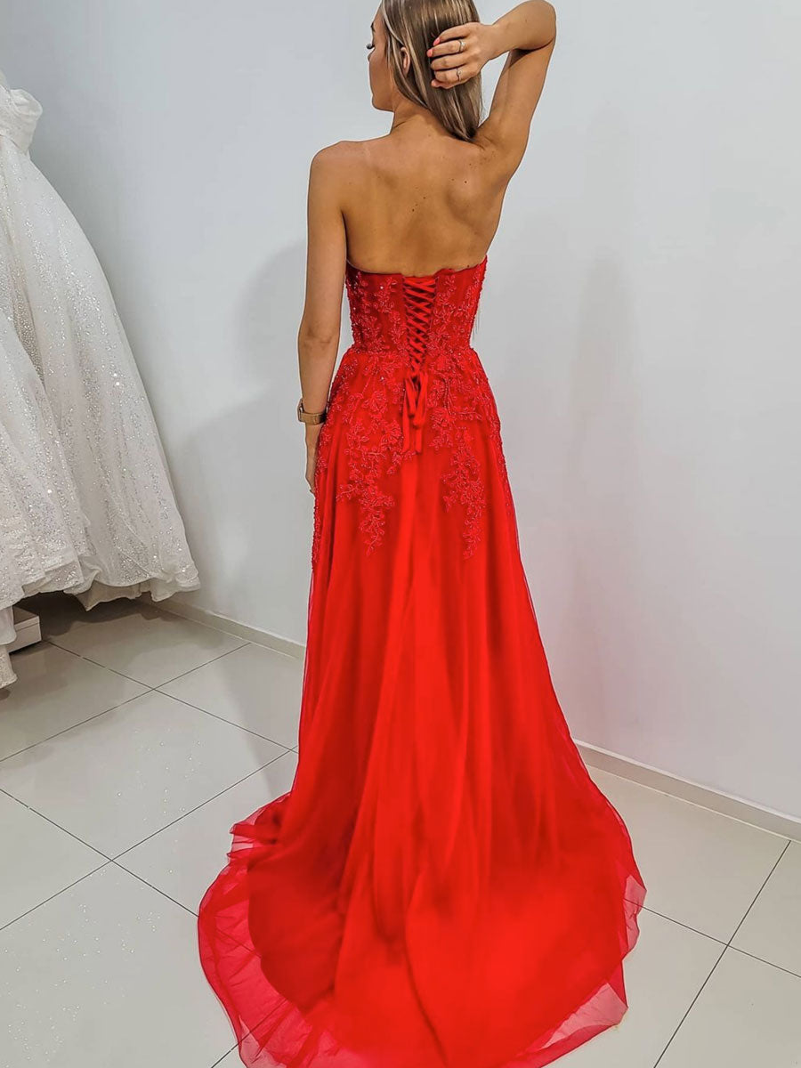 Red Prom Dress Sweetheart Neck A Line Tulle Lace Long Evening Dress