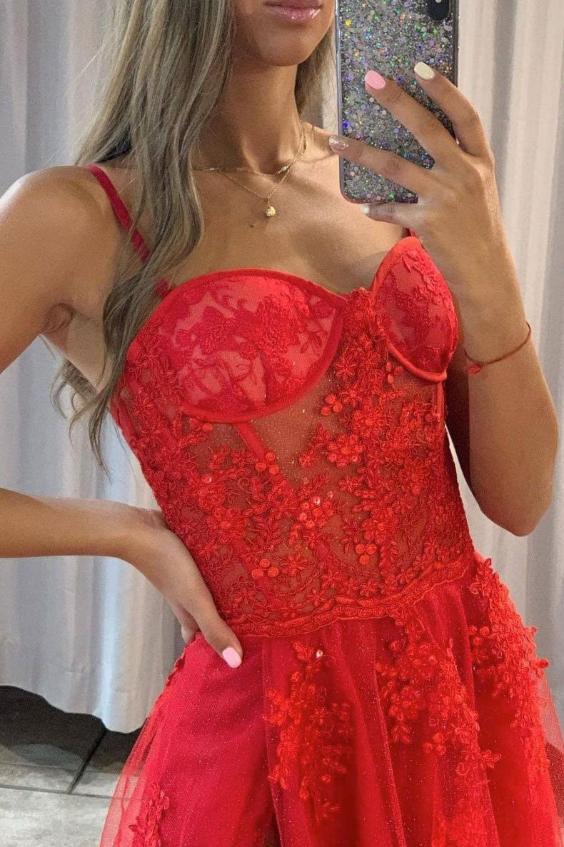 Red Prom Dress Sweetheart Tulle Lace Long Formal Evening Dress