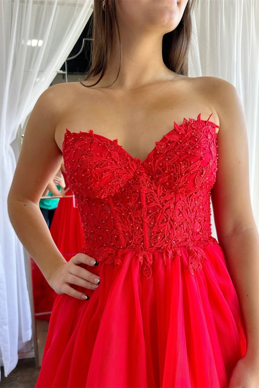 Red Prom Dress Tulle Appliqued Sweetheart Ruffle Long Evening Dress
