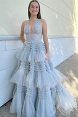 Red Prom Dress Tulle Appliques Halter Ruffle Tiered Ball Evening Dress