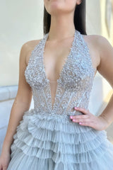 Red Prom Dress Tulle Appliques Halter Ruffle Tiered Ball Evening Dress