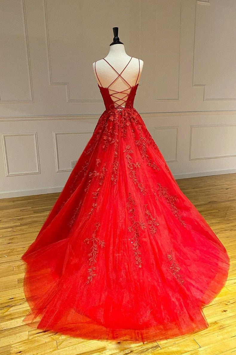 Red Prom Dress Tulle Lace Long Formal Gown Evening Dress