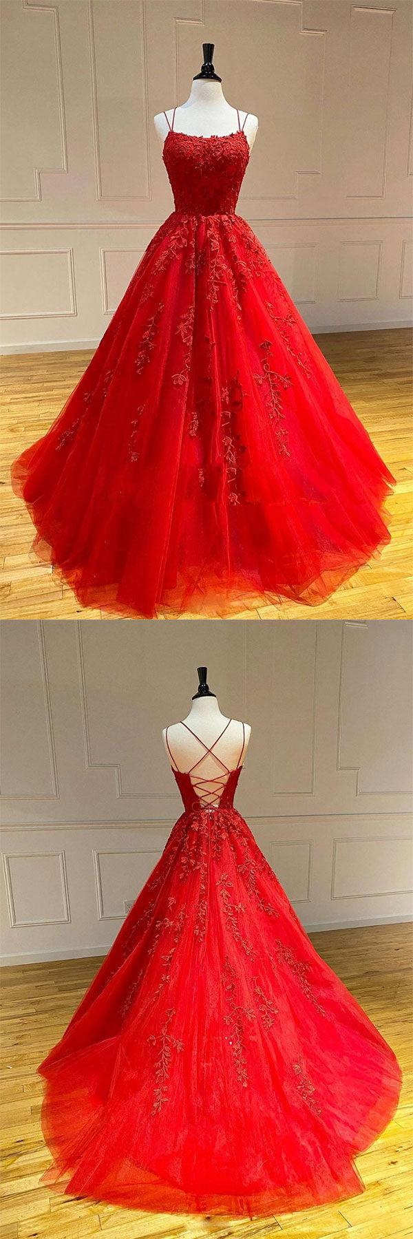 Red Prom Dress Tulle Lace Long Formal Gown Evening Dress