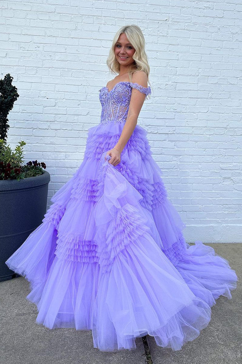 Red Prom Dress Tulle Off the shoulder Ruffle Tiered Long Evening Dress
