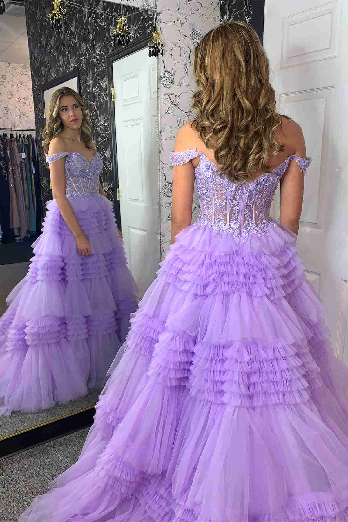 Red Prom Dress Tulle Off the shoulder Ruffle Tiered Long Evening Dress