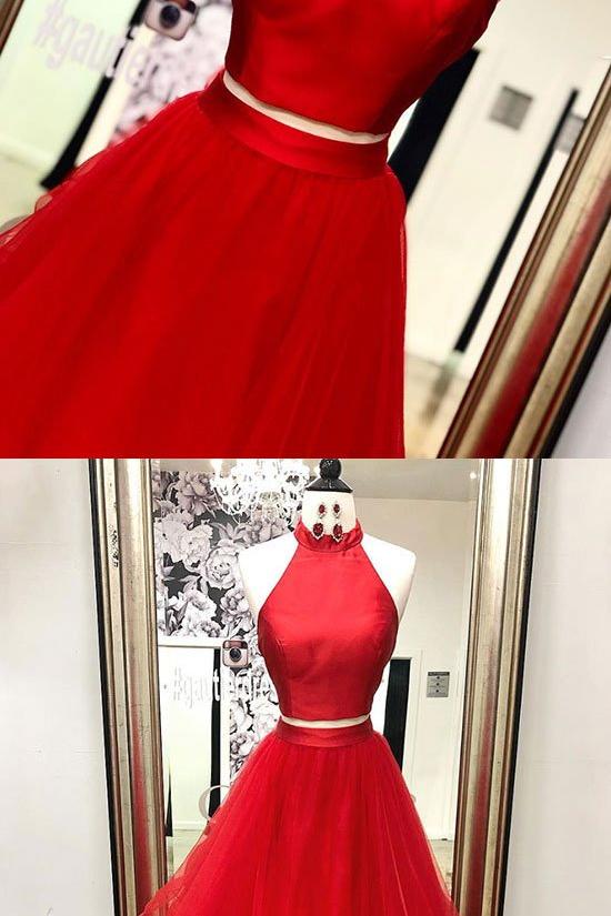Red Prom Dress Two Piece Tulle Long Evening Dress