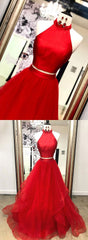 Red Prom Dress Two Piece Tulle Long Evening Dress
