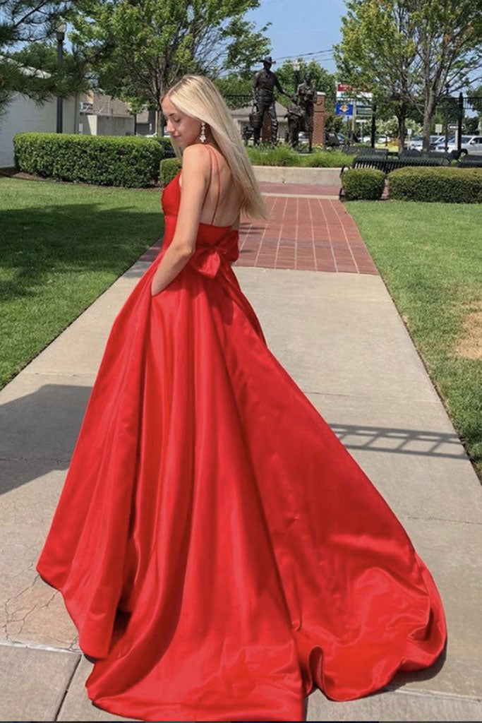 Red Prom Dress V Neck Satin Long Evening Dress