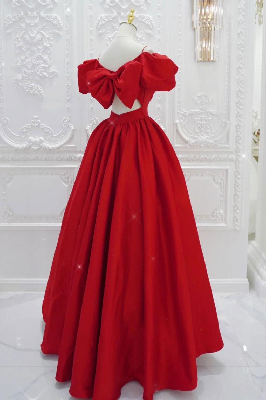 Red Prom Dress V Neck Satin Long Evening Dress