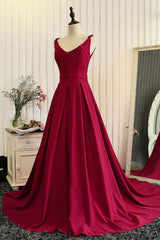 Red Prom Dress V Neck Satin Long Evening Dress